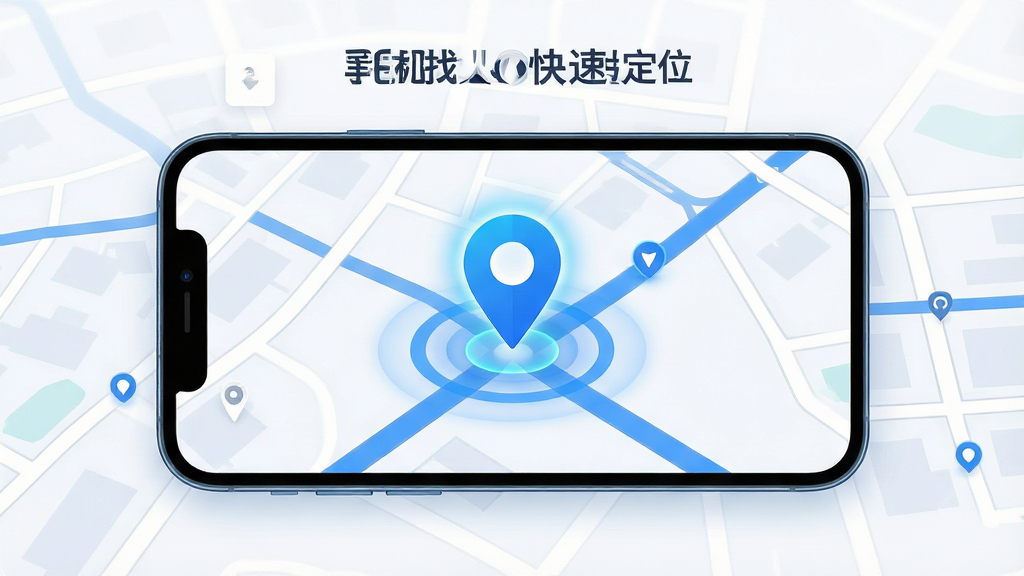 画面主体是一部手机横屏展示地图界面,地图上有醒目的蓝色定位图标与脉冲扩散效果,布局为手机占据画面中央、地图向四周延展,排版简洁留白,风格为现代扁平化UI风格,细节上定位图标带光晕、地图道路线条清晰、配色以蓝白为主,画质高清、画面干净、无多余元素,图中文字标注“手机找人快速定位”