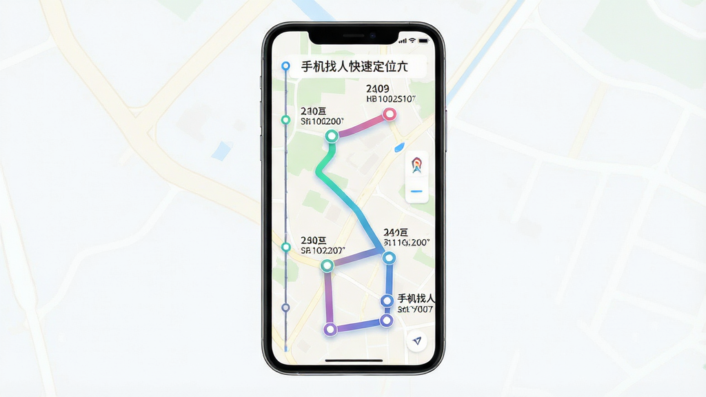 画面主体是一部手机屏幕显示带有时间轴的地图轨迹线,轨迹上有多个时间节点标记,布局为手机居中、时间轴沿屏幕边缘纵向排列,排版清晰有序,风格为数据可视化插画风,细节上轨迹线为渐变色、节点带小圆点与时间文字、地图底图为浅色系,画质高清、画面干净、无多余元素,图中文字标注“手机找人快速定位”