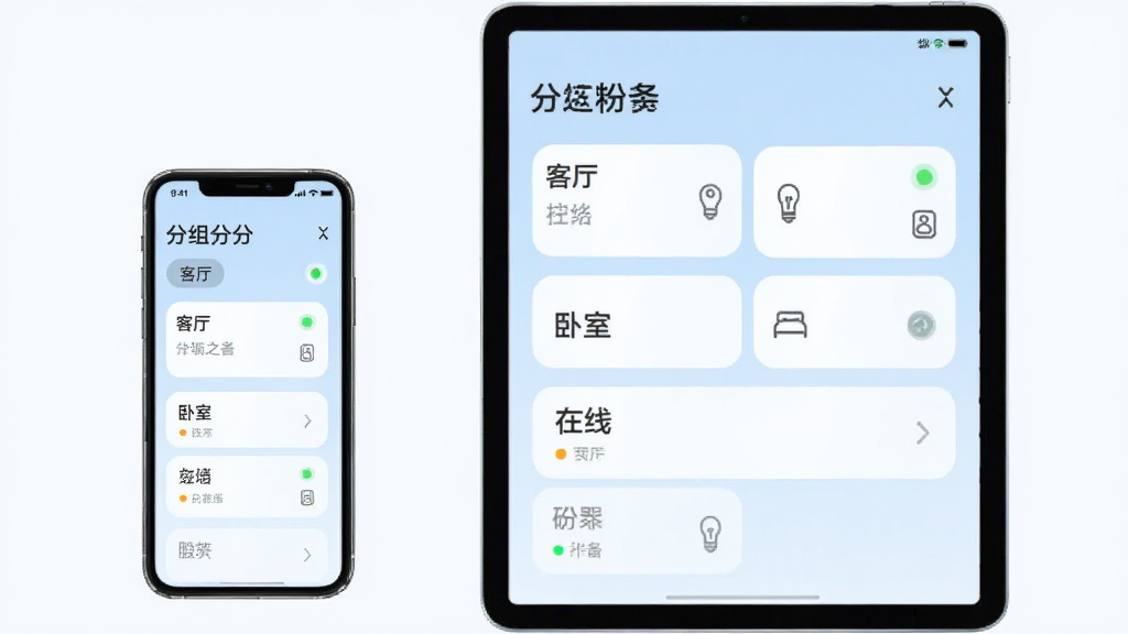 主体为平板与手机组合展示小达物联设备分组界面,屏幕中呈现“客厅”“卧室”等分组标签及设备在线状态标记;布局为左右并列,左侧手机右侧平板;排版整齐;风格为清爽浅色科技风;细节含圆角卡片、状态呼吸灯、浅蓝底色;画质干净清晰,无多余元素