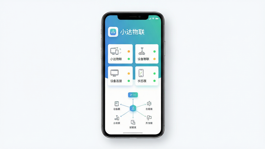 主体为一部智能手机居中展示,屏幕内呈现小达物联的设备管理主界面,包含设备卡片列表与状态指示灯;布局采用上下分层,上方为软件名称“小达物联”与简洁图标,下方为设备连接拓扑示意;排版干净留白充足;风格为现代科技扁平化;细节包括蓝绿色渐变背景、细线条设备图标、柔和阴影;画质清晰锐利,干净无多余元素