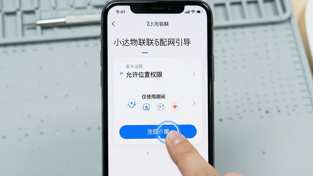 主体为手机屏幕展示小达物联权限设置与配网引导页面,屏幕内呈现“允许位置权限”“仅使用期间”等选项文字;布局为居中手机特写,背景为浅灰工作台;排版简洁;风格为教程示意风;细节含手指点击示意、蓝色高亮按钮、白色卡片;画质清晰,干净无多余元素