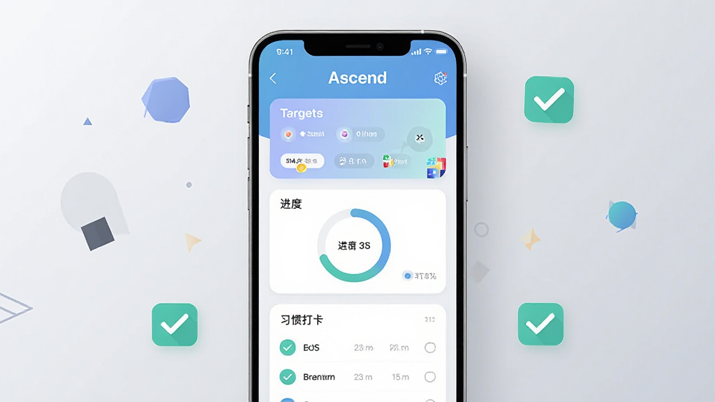 一张竖版手机界面展示图,画面中央是一部现代智能手机,屏幕上显示 Ascend 应用的主界面,包含目标卡片、进度环与习惯打卡列表,背景为浅灰渐变,手机周围散落着简洁的几何图形与勾选图标,整体风格清新扁平化,布局居中对称,细节干净,画质清晰,画面中不出现多余文字,仅屏幕内可含