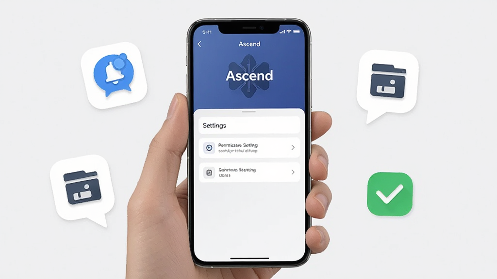 一张手机操作示意图,画面中一只手握着智能手机,屏幕上显示 Ascend 应用的权限设置引导页面,旁边漂浮着通知图标、存储图标与勾选标记,背景为浅灰纯色,布局手机居中、图标环绕,风格简洁说明图,细节清晰,屏幕内含