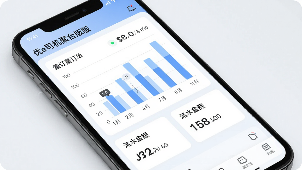优e司机聚合版收益统计页面,手机屏幕显示柱状图与数据卡片,包含订单量与流水金额,界面清爽,浅色背景,现代商务风格,画质干净无多余元素