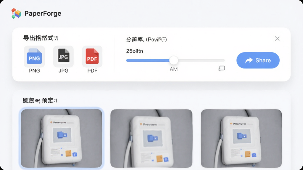 主体为PaperForge导出设置界面概念图,布局为上下结构,上方为导出格式与分辨率选项面板,下方为预览缩略图,排版简洁明了,风格为柔和圆角卡片式设计,细节包括PNG、JPG、PDF格式图标、分辨率滑块与分享按钮,画面中带有“PaperForge”文字,画质高清,干净清爽