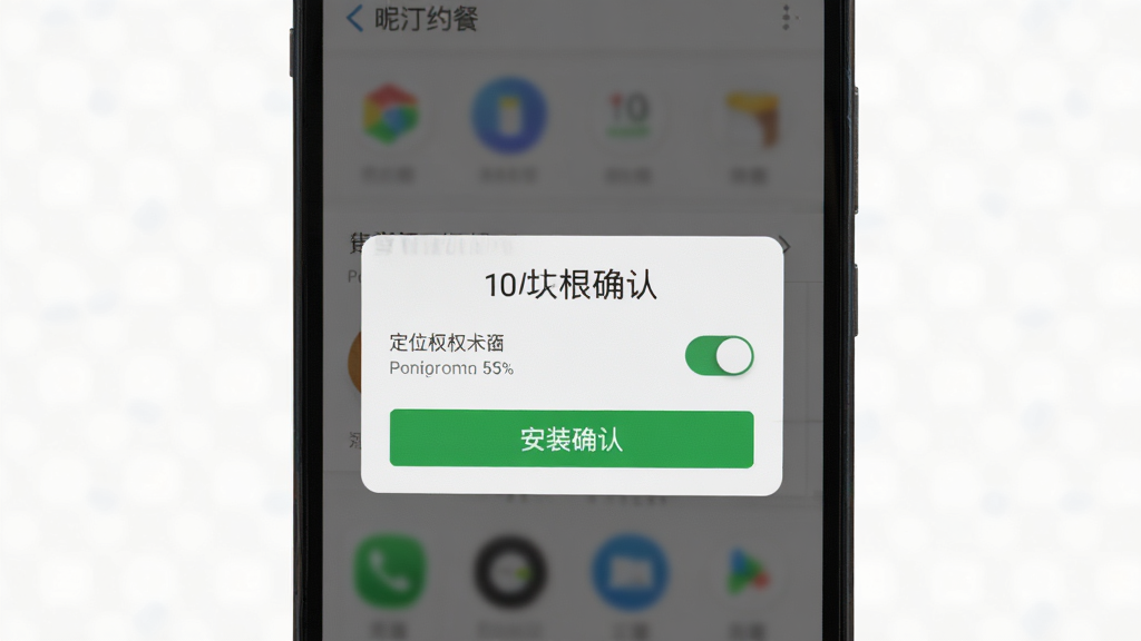 昵汀约餐安卓手机安装与权限设置示意图,主体为手机屏幕展示权限弹窗,布局为居中特写,排版简洁,风格为写实UI截图风,细节包含定位权限开关、安装确认按钮,画质清晰干净无多余元素
