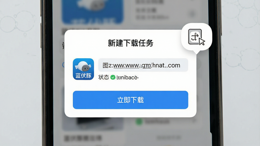 一张展示蓝伏豚链接智能识别功能的界面预览图,画面为手机屏幕特写,屏幕中央弹出新建下载任务窗口,窗口内显示已自动填入的链接地址与“蓝伏豚”软件图标,下方有“立即下载”按钮,布局为居中卡片式,风格为清爽浅色UI,细节包括剪贴板提示气泡与链接状态标识,画质清晰,无杂乱元素
