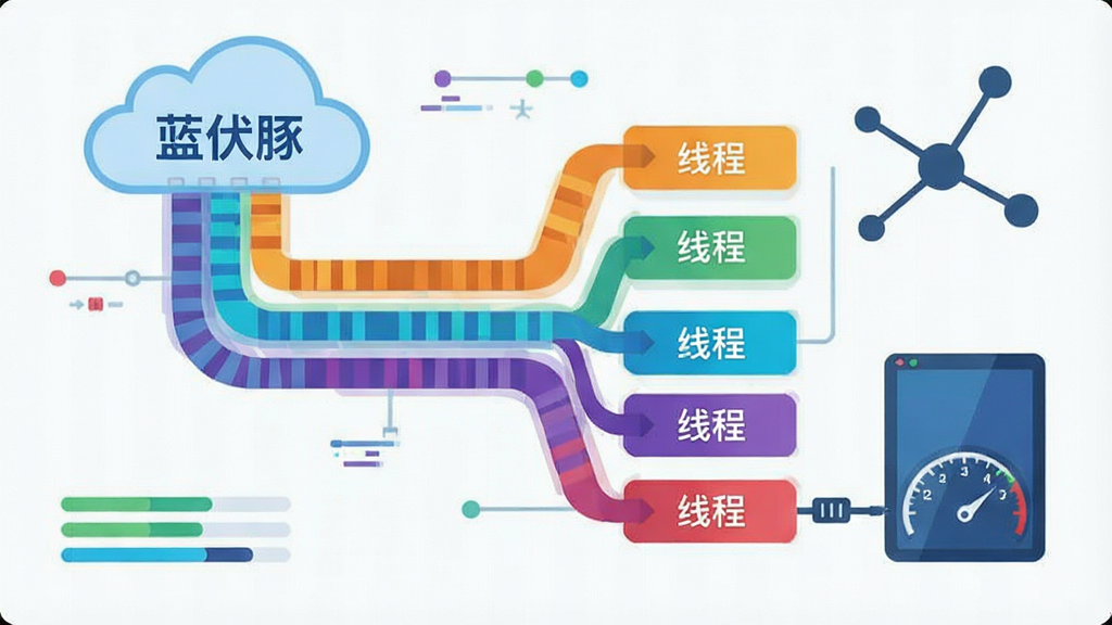 一张表现蓝伏豚多线程下载加速概念的示意图,画面主体为一条被分成多个彩色片段的数据流从云端流向本地设备,每个片段标注“线程”字样,旁边有“蓝伏豚”标识,布局为左右横向构图,风格为科技感扁平插画,细节包括进度条、速度仪表盘与网络节点,画质清晰,背景干净,无多余元素