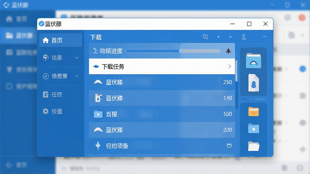 一张展示蓝伏豚软件主界面的预览图,画面中央是简洁的下载任务列表窗口,窗口标题栏写有“蓝伏豚”字样,左侧为功能导航栏,右侧为下载进度条与文件分类图标,整体采用蓝白配色,扁平化设计风格,布局清晰规整,细节干净利落,画质清晰,无多余装饰元素