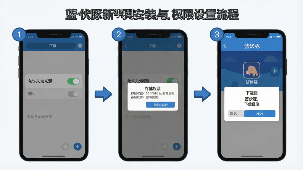 一张展示蓝伏豚新手安装与权限设置流程的示意图,画面为手机屏幕分步操作示意,第一步显示“允许未知来源”开关,第二步显示存储权限弹窗,第三步显示“蓝伏豚”下载目录选择界面,布局为三格横向排列,风格为扁平化教程插画,细节包括步骤序号与箭头引导,画质清晰,背景干净