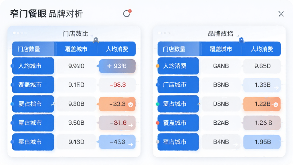 窄门餐眼品牌对比分析界面,画面展示左右分栏的品牌数据对比表格,包含门店数量、覆盖城市、人均消费等指标,表格采用蓝白配色与圆角卡片设计,整体风格清爽商务,布局规整对称,细节上突出数据差异高亮,画质清晰干净,无多余装饰