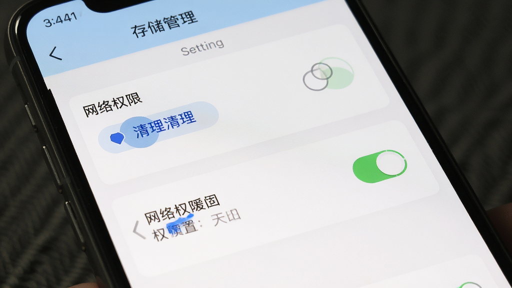 窄门餐眼手机端数据加载与缓存清理设置界面,画面展示应用设置页面中的存储管理选项与网络权限开关,界面采用浅色卡片式布局,风格简洁实用,细节上突出清理按钮与权限状态标识,画质高清干净,无多余元素
