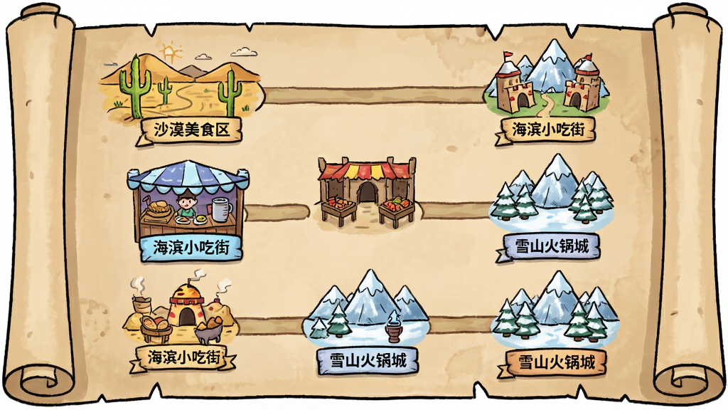 主体为一张展开的闯关地图卷轴,布局采用纵向延伸的路线设计,排版将不同主题的关卡节点依次排列,风格为手绘卡通地图风,细节包含沙漠美食区、海滨小吃街、雪山火锅城等场景标签,画质清晰干净无多余元素