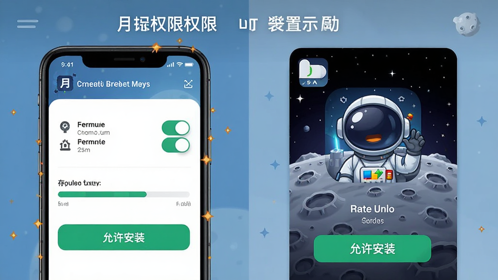 月球清洁工手机端安装设置示意图,画面展示一部智能手机屏幕上的应用权限设置界面与游戏启动画面并排布局,排版为左右对比式信息图,风格为简洁科技说明风,细节包含权限开关图标、存储空间进度条、月球清洁工游戏图标与“允许安装”按钮文字,画质清晰干净,无多余元素