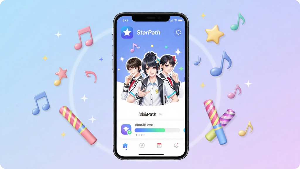 画面中央是一部竖屏手机,屏幕上显示StarPath应用的主界面,界面上有偶像角色立绘和训练进度条,手机周围漂浮着音符、星星和应援棒等装饰元素,背景为柔和的蓝紫色渐变,整体风格清新明亮,排版简洁居中,细节上突出应用图标和界面文字“StarPath”,画质清晰干净,无多余元素