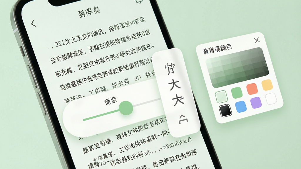手机屏幕显示阅读界面,文字排版疏朗有致,旁边浮现出字体大小调节滑块与背景颜色选择面板的示意图,整体采用柔和的浅绿色调,风格清新简约,细节上突出文字清晰度与界面控件,画面干净无杂乱元素