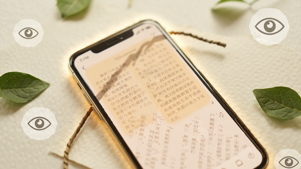 手机屏幕展示阅读界面,背景为淡雅的纹理纸张,文字上方覆盖一层半透明暖色滤镜,屏幕边缘有柔和的光晕效果,旁边点缀着几片绿叶与眼睛图标,整体风格温馨自然,细节突出护眼与舒适感,画质干净