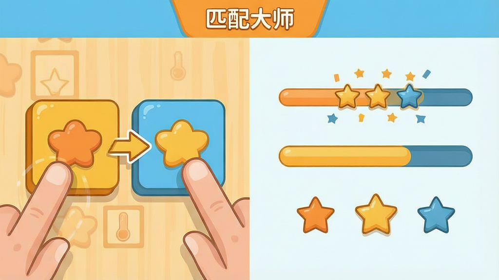 一张表现配对玩法机制的信息图,画面左侧展示两个相同图案方块被手指点击连接的特写,右侧展示关卡进度条和星级评价图标,整体采用扁平化插画风格,配色以橙黄和天蓝为主,布局清晰有序,细节精致,画质干净,图中包含