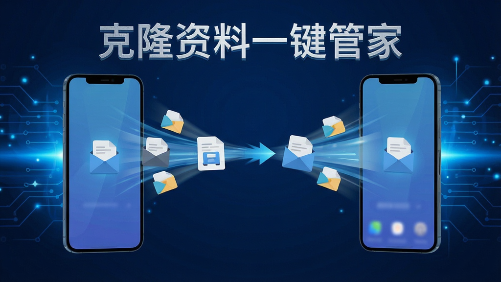 克隆资料一键管家一键直连传输功能展示,两部手机屏幕之间显示高速数据传输动画效果,文件图标从一部手机飞向另一部手机,背景为科技感蓝色光效,画面中带软件名称“克隆资料一键管家”字样,现代扁平化插画风格,高清画质,干净无杂乱元素