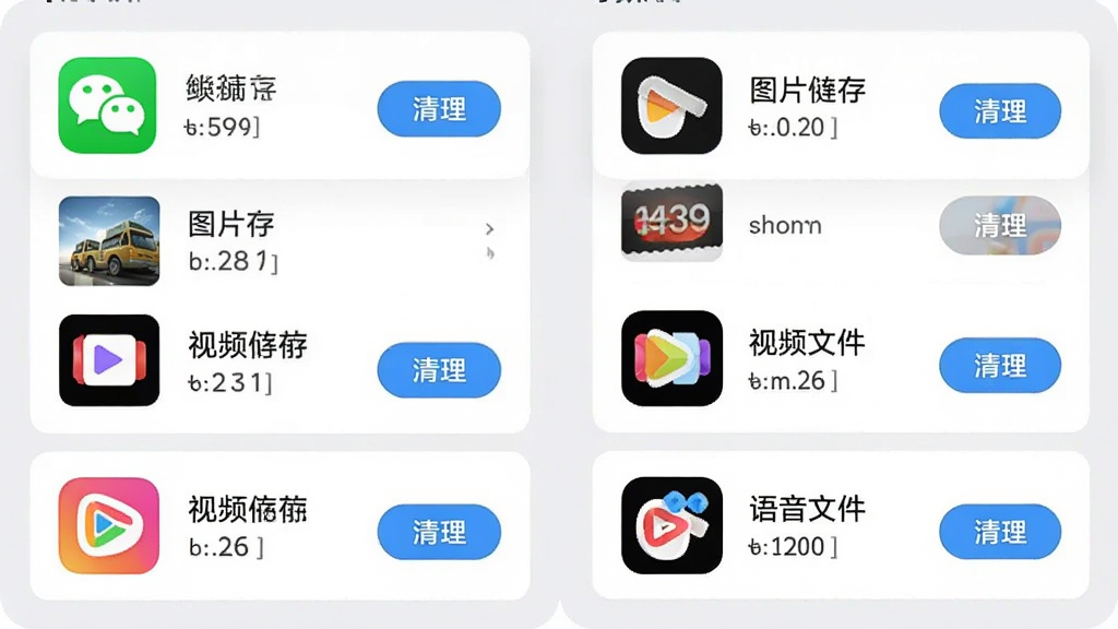 手机清理大师应用专清页面,手机屏幕展示微信与短视频应用的缓存分类详情,包含图片缓存、视频缓存、语音文件等条目及对应大小,界面采用卡片式布局,每个应用卡片有图标与清理按钮,背景为浅灰色,风格简洁实用,细节清晰,画质干净
