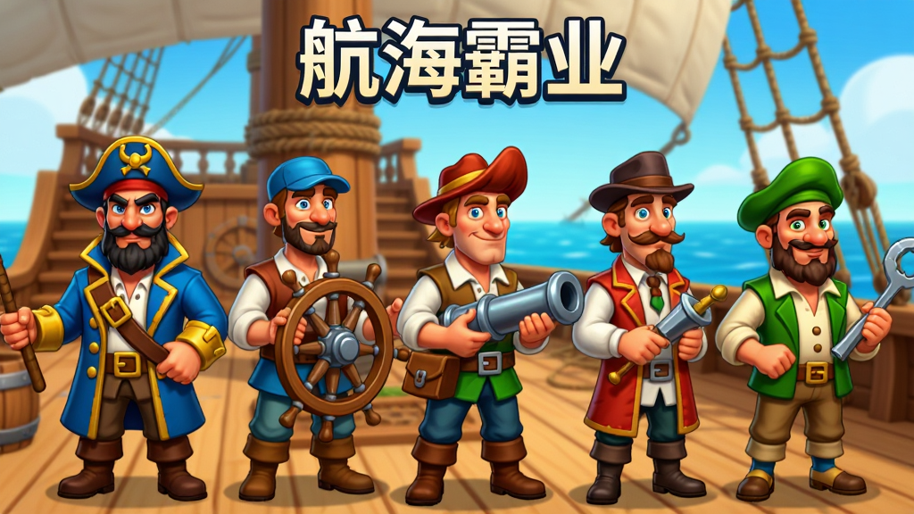游戏角色展示图,画面中央是一排五位风格各异的中世纪船员角色,从左到右依次为船长、舵手、炮手、医师和商人,每人身穿符合职业特征的服装并手持道具,背景是一艘帆船的甲板与远处海面,画面顶部写有“航海霸业”字样,整体采用美式卡通渲染风格,人物表情生动,色彩饱和度高,画质清晰,干净无多余元素