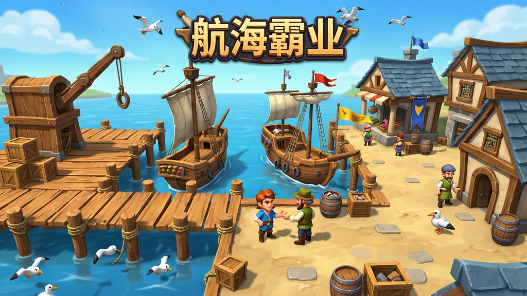 游戏界面截图风格插画,画面展示一个繁忙的中世纪港口全景,左侧是木质码头与起重机,右侧排列着交易所、仓库和酒馆建筑,码头边停靠着三艘不同大小的帆船,画面中央有玩家角色正在与商人交谈,上方显示“航海霸业”游戏Logo,整体采用明亮的卡通写实风格,细节包括木箱、旗帜、海鸥,画质清晰,干净无多余元素