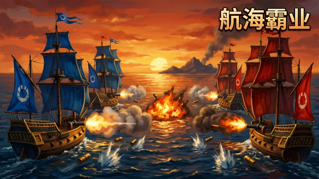 海战场景插画,画面展示两支帆船舰队在夕阳下的海面上交火,左侧舰队悬挂蓝色旗帜,右侧舰队悬挂红色旗帜,炮弹在水面激起浪花,画面中央有火焰与烟雾效果,远处隐约可见岛屿轮廓,画面右上角标注“航海霸业”游戏名称,整体采用史诗感厚涂风格,色彩以橙红、深蓝、金色为主,画质清晰,干净无多余元素