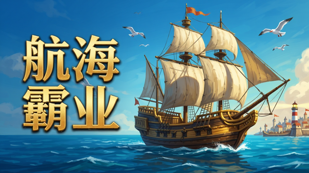 一幅横版游戏宣传图,画面中央是一艘扬帆起航的中世纪三桅帆船行驶在蔚蓝海面上,船头朝向画面右侧,远处海平线上隐约可见港口城市与灯塔,天空中有海鸥飞翔,画面左侧放置游戏名称“航海霸业”四个金色大字,整体采用厚涂插画风格,色彩以海蓝、金黄、暖白为主,细节丰富,画质清晰,干净无多余元素