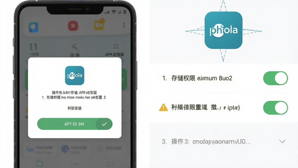 主体为phiola手机端安装与权限设置界面示意,布局左侧为APK安装弹窗,右侧为存储权限开关,排版中显示“phiola”图标与操作步骤序号,风格为扁平化教程风,细节包含勾选标记与警示图标,画质高清,干净,无多余元素