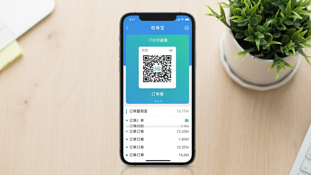 一张手机屏幕展示收单宝服务商版应用主界面,画面中央是收款码与订单列表,背景为浅色桌面与绿植,整体采用清新商务风格,细节清晰,画质干净,无多余元素