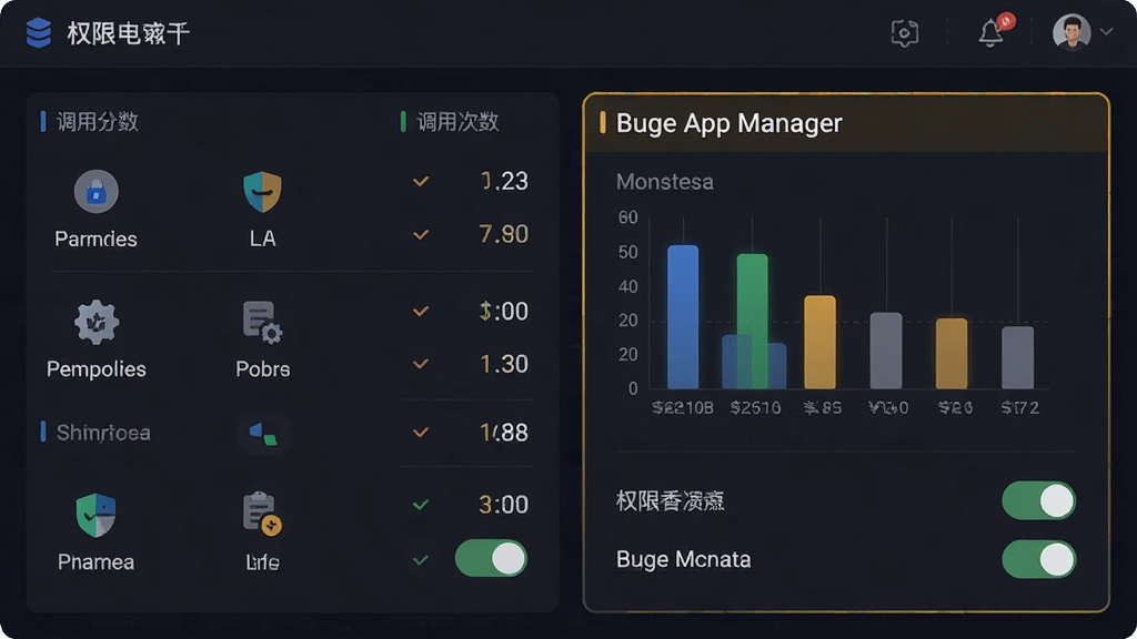 一张展示权限审计面板的示意图,面板内分列显示权限图标与调用次数,背景为深色模式,高亮标注“Buge App Manager”的权限分析模块,风格专业严谨,细节包含条形统计图和权限开关,画质清晰无杂乱