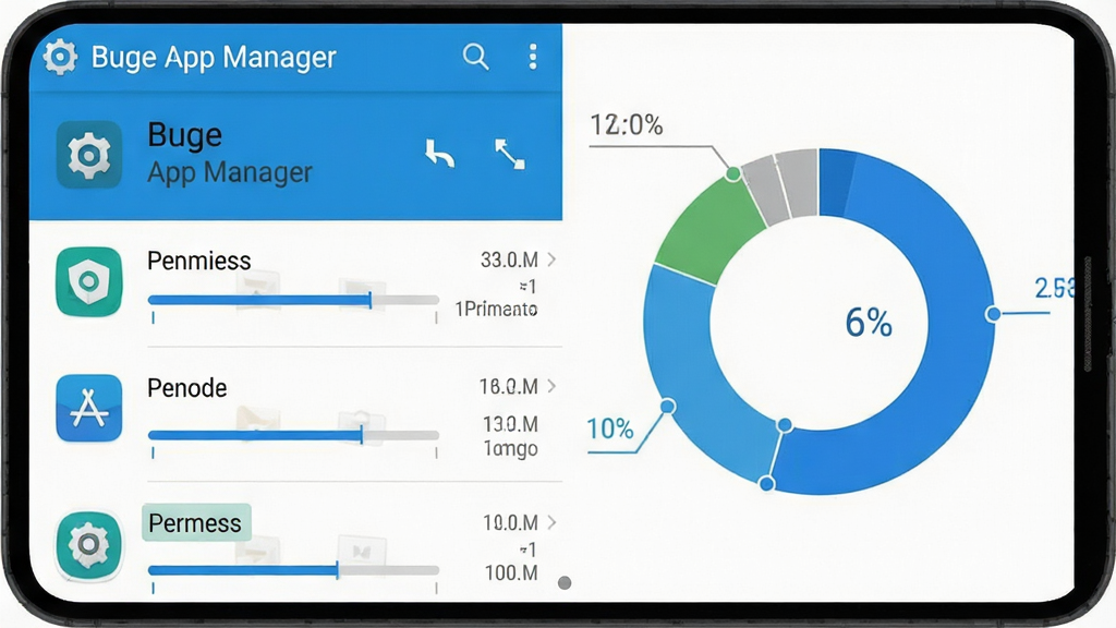 一张展示安卓手机屏幕的示意图,屏幕中央显示“Buge App Manager”应用主界面,界面左侧为应用列表,右侧为存储占用环形图,布局简洁对称,风格为扁平化科技蓝配色,细节包含应用图标、进度条和权限标签,画质清晰干净,无多余元素
