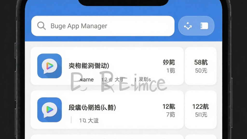 一张展示手机应用管理列表的界面图,顶部有搜索框和排序按钮,列表项包含应用图标、名称、大小和版本信息,背景为浅色卡片式布局,风格清爽现代,画质干净,文字清晰可读,画面中标注“Buge App Manager”字样