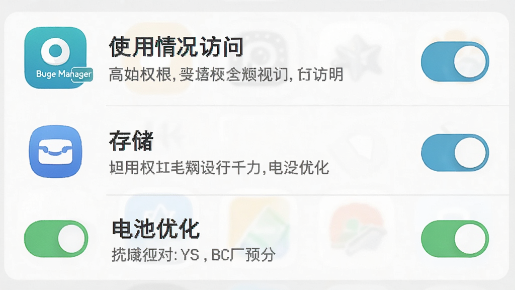 一张展示手机权限设置界面的示意图,画面中列出“使用情况访问”“存储”“电池优化”等开关选项,背景为浅色系统设置风格,细节包含Buge App Manager图标和权限说明文字,画质清晰干净