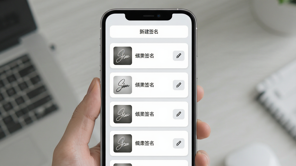 手写签名助手多签名管理界面,手机屏幕显示签名列表,每个条目左侧为签名缩略图,右侧为签名名称与编辑按钮,顶部有