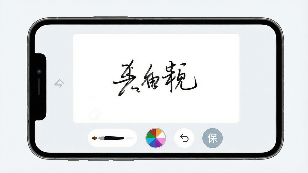 手写签名助手软件主界面展示,手机屏幕中央为白色签名画板,画板上写有黑色手写姓名,界面底部排列着画笔粗细调节、颜色选择、撤销、保存等圆形功能按钮,整体布局简洁清晰,采用浅色系扁平化设计风格,画质干净细腻,无多余装饰元素
