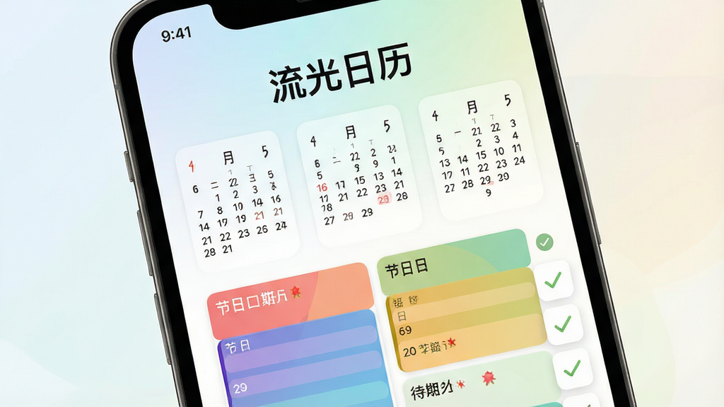 一张手机日历应用主界面展示图,画面中央是手机屏幕,屏幕上显示“流光日历”四个字作为标题,下方排列月份视图与彩色日程卡片,整体采用浅色渐变背景,风格清新简约,细节包含日期数字、节日标记与待办勾选图标,画质清晰干净,无多余元素