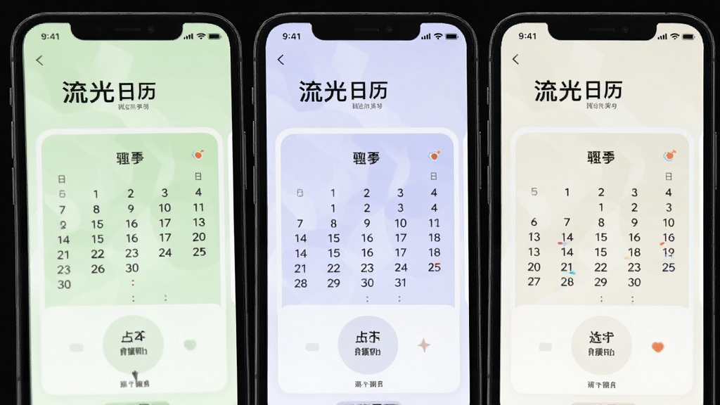 多部手机并排展示“流光日历”不同主题配色界面,分别为浅绿、淡紫与米白三种风格,画面布局整齐,风格清新浅色,细节突出主题切换效果与日历卡片差异,画质干净明亮