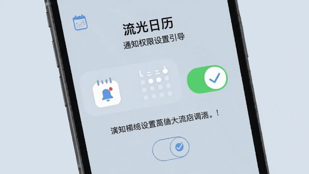 手机屏幕显示“流光日历”通知权限设置引导页,画面中有权限开关示意图与提示文字,背景为浅灰蓝,风格说明性界面,细节包含通知图标与勾选状态,画质清晰,干净无多余元素