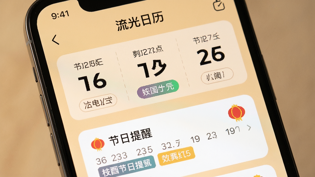 手机屏幕特写,显示“流光日历”日期详情页,页面上方标注农历日期与节气名称,下方有节日提醒卡片,背景为暖米色,风格温馨素雅,细节包含小字农历标注与彩色节日标签,画质干净清晰