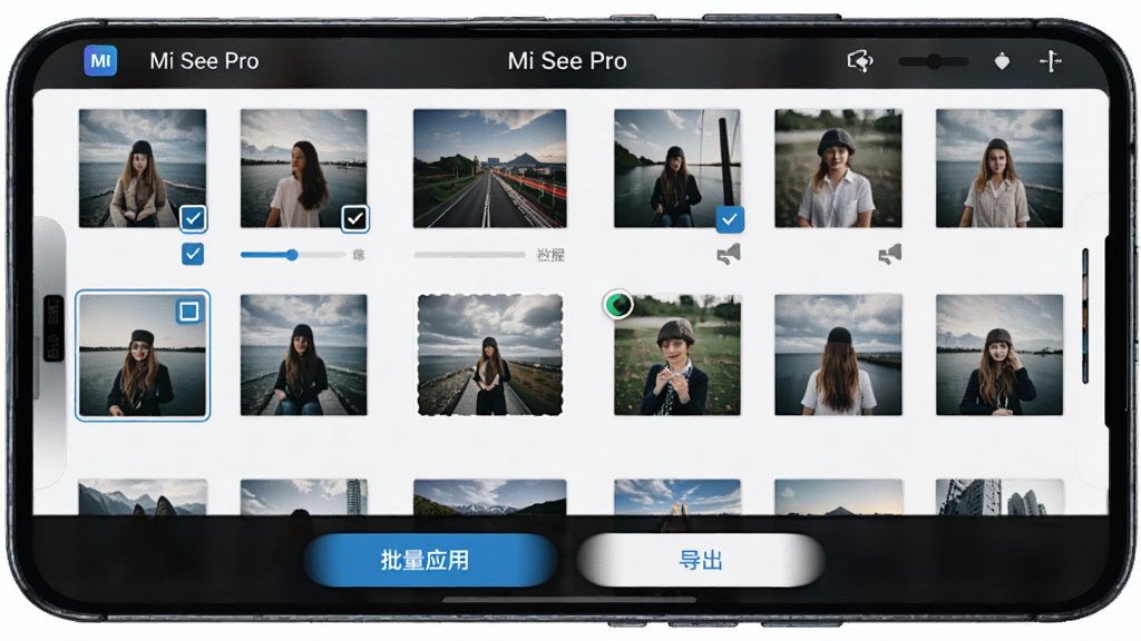 手机屏幕显示 Mi See Pro 的批量处理界面,网格状排列多张照片缩略图,底部有“批量应用”与“导出”按钮,界面顶部标注“Mi See Pro”,风格简洁商务,细节上体现选中状态的勾选框与进度提示,画质清晰,干净无多余元素