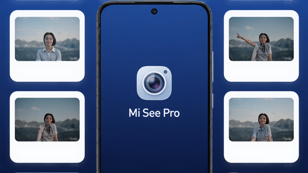 软件主界面展示,一部安卓手机屏幕中央显示 Mi See Pro 的启动页,背景为深蓝渐变,页面中央有简洁的相机镜头图标与“Mi See Pro”字样,周围环绕若干照片缩略图卡片,整体布局干净对称,风格现代科技感,细节上体现图标圆角与柔光效果,画质清晰锐利,干净无多余元素