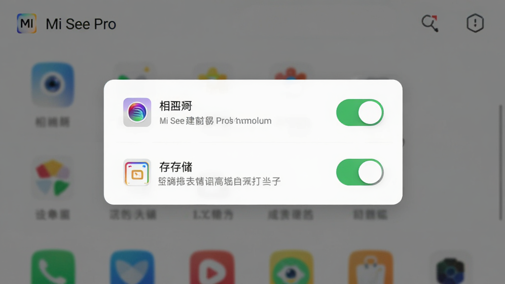 手机屏幕显示 Mi See Pro 的权限管理提示弹窗,弹窗列出相册与存储两项权限开关,背景为软件主界面虚化效果,界面顶部有“Mi See Pro”标识,风格简洁工具型,细节上突出开关状态与说明文字,画质清晰,干净无多余元素