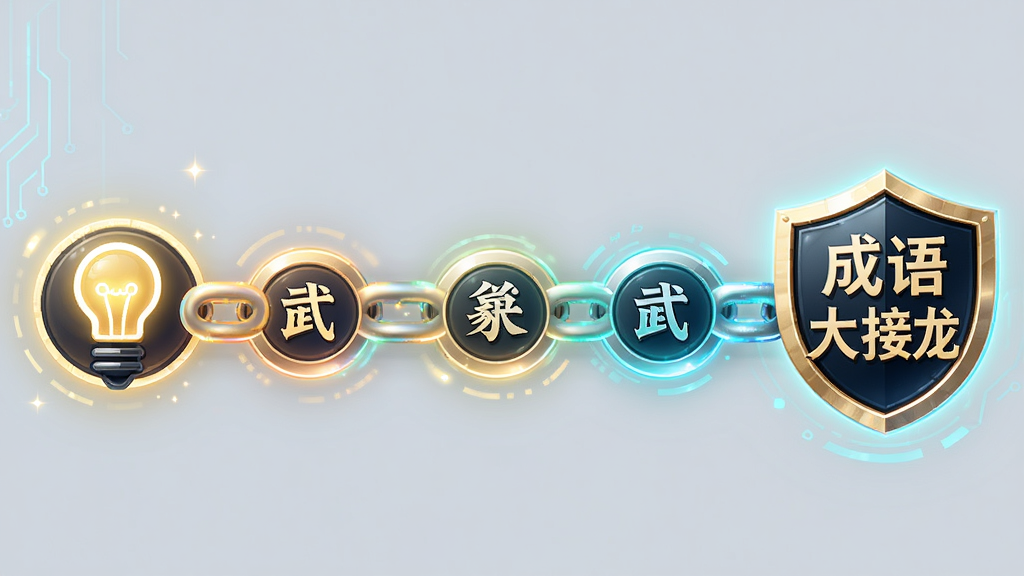 画面中央为一条发光的接龙链条,链条由多个写有汉字的圆形节点连接而成,链条一端连接一个亮起的灯泡图标,另一端连接一个写有“成语大接龙”的盾牌图标,布局为横向延展,风格为科技感与国风结合的光效插画,细节包括节点上的汉字与光晕过渡,画质高清,干净,无多余元素