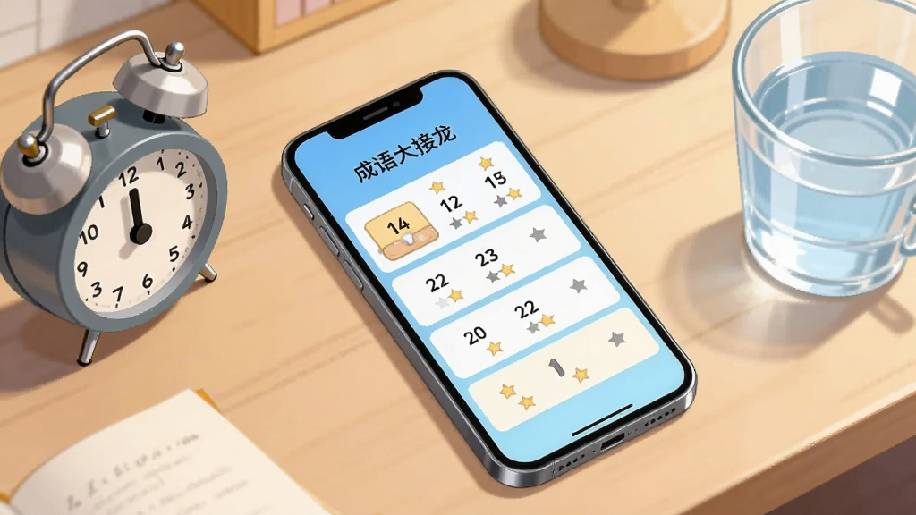 画面为一部手机斜放在桌面上,手机屏幕显示“成语大接龙”的关卡选择界面,手机旁边放着一个小闹钟和一杯水,背景为柔和的书桌场景,布局为俯视视角,风格为生活化的清新插画,细节包括屏幕上的关卡数字与星级图标,画质清晰,干净,无多余元素