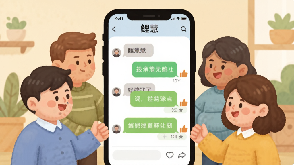 一张表现邻里互动场景的插画,画面中多位卡通人物围绕一部显示“鲤慧”应用聊天界面的手机进行交流,手机屏幕上可见消息气泡与点赞图标,人物分布在手机两侧,布局均衡,风格为温暖亲切的扁平插画,细节包括柔和配色、圆润人物造型与简洁背景,画质清晰,干净,无多余元素