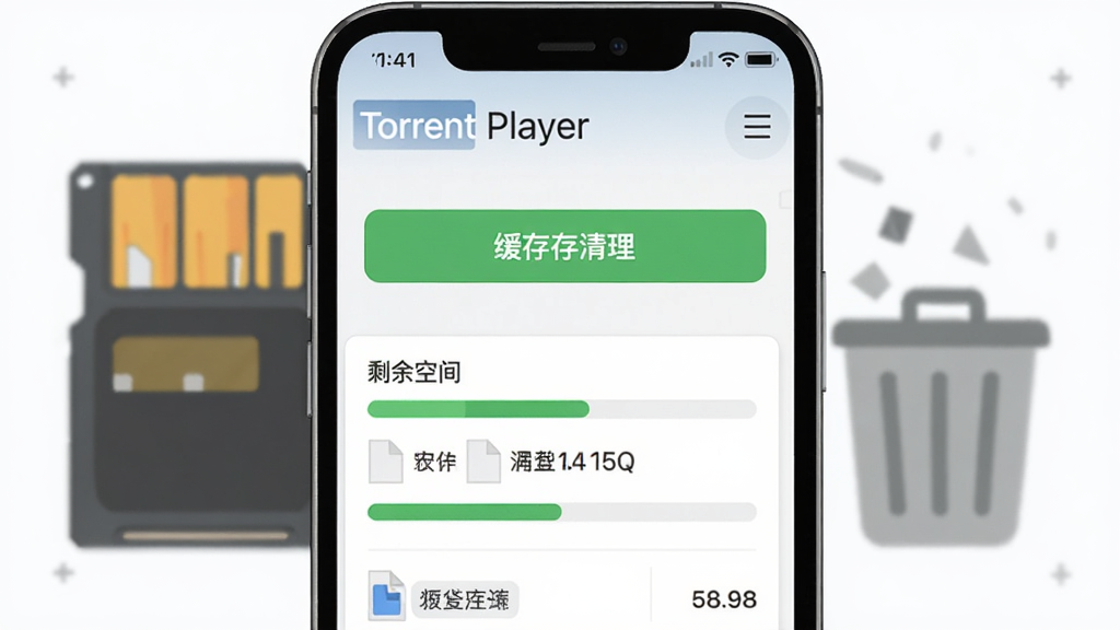主体为Torrent Player软件存储管理界面,屏幕显示缓存清理按钮与剩余空间数值,布局为手机正面展示,背景有存储卡与垃圾桶图标,风格为清爽浅色扁平风格,细节包括绿色清理进度条与文件大小标签,画质清晰干净无多余元素