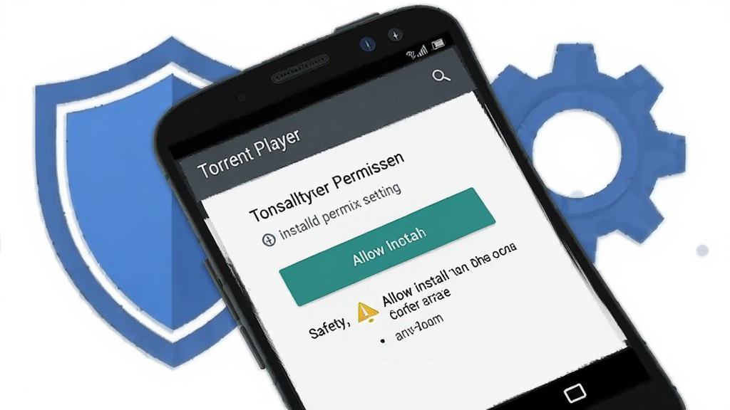 主体为安卓手机屏幕显示Torrent Player安装权限设置页面,布局为手机正面特写,背景有盾牌与设置齿轮图标,风格为简洁科技插画风格,细节包括允许安装按钮与安全提示文字,画质清晰干净无多余元素