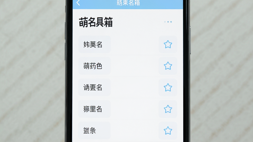 手机屏幕特写,主体为萌名工具箱的名字生成结果页面,布局为纵向列表展示多个中文名字,每个名字旁带有收藏图标,排版整齐,风格为清爽简约移动端界面,细节包含浅蓝色按钮与白色背景,画质清晰,画面干净,无多余元素