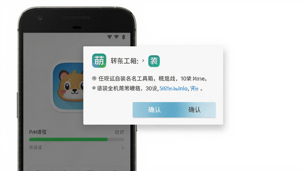 安卓手机安装应用界面示意图,主体为手机屏幕显示安装进度条与萌名工具箱图标,布局为居中弹窗式安装确认框,排版简洁,风格为系统原生安装界面风格,细节包含权限提示文字与确认按钮,画质清晰,画面干净,无多余元素